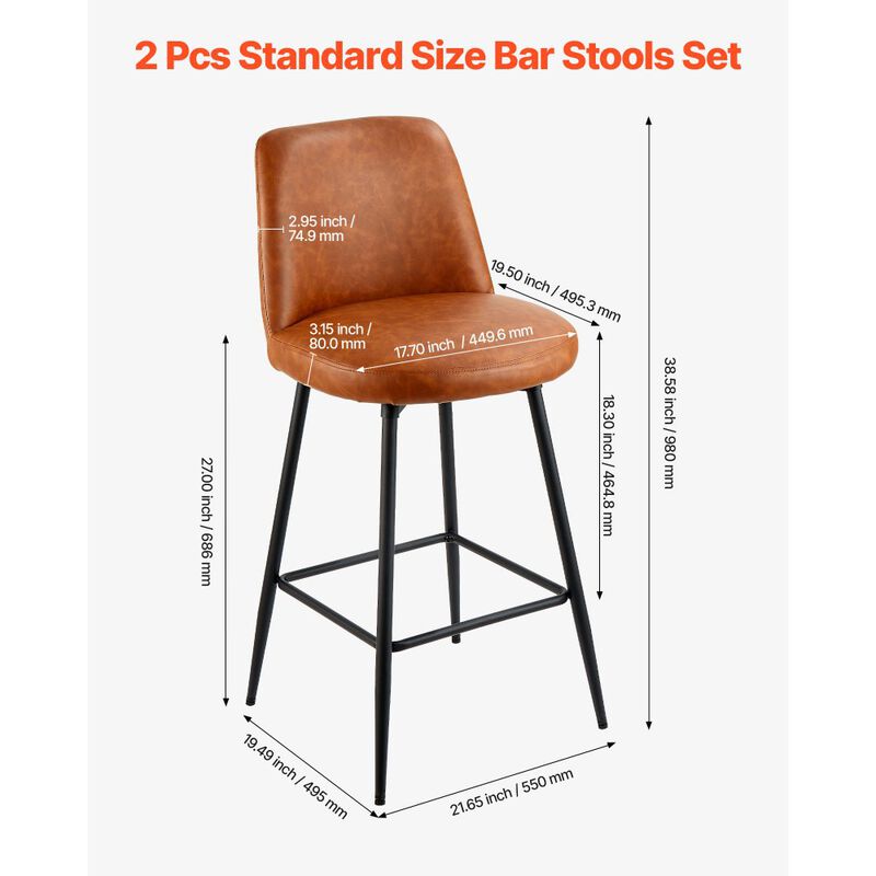 Set of 2 Counter Height Swivel Bar Stools with Backrest PU Leather Metal Legs Kitchen Chairs-Brown image number 2