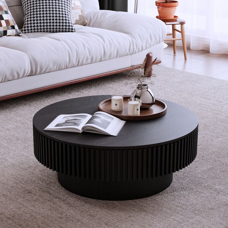 Round coffee table with storage Solid wood veneer and MDF coffee table with fluted base Modern accent coffee table for small spaces image number 5