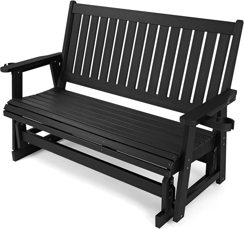 HIPS Patio Glider with Cup Holders, All-Weather Resistant, High Backrest and Deep Contoured Seat, Heavy Duty 900 LB (3-Seat,Black)
