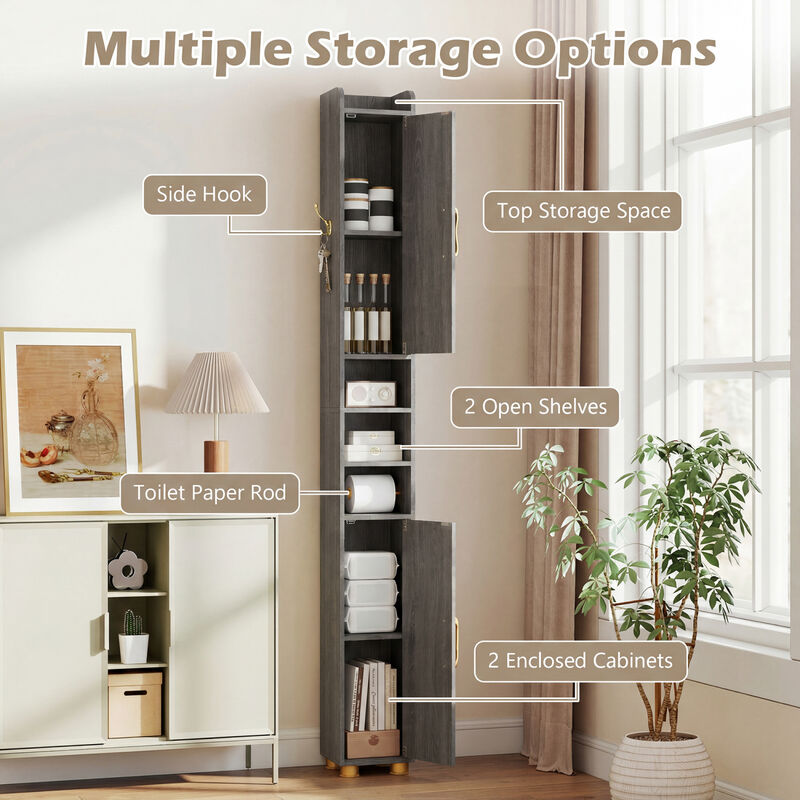 Freestanding Narrow Bathroom Cabinet with Open Shelves and Toilet Paper Holder image number 4