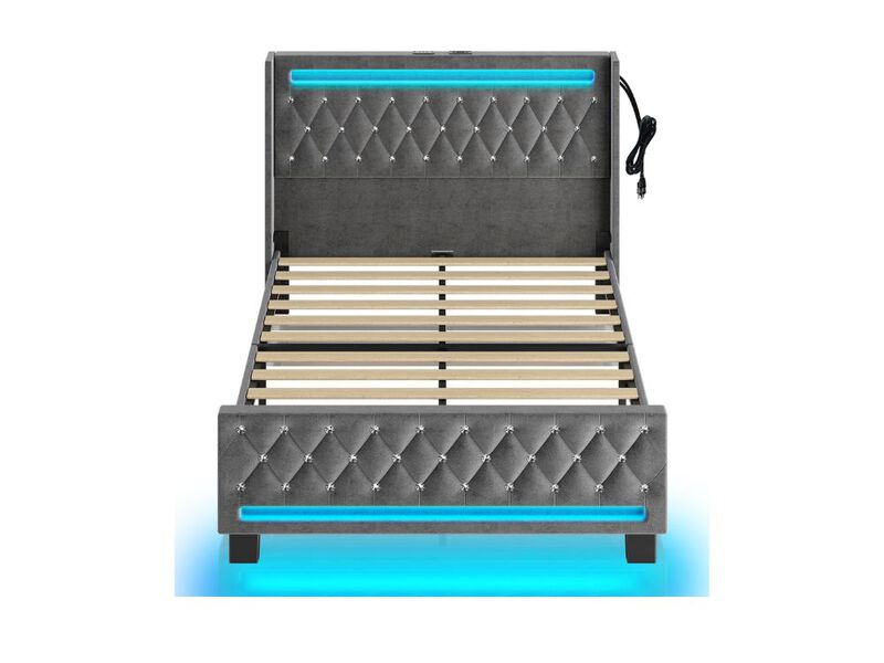 Queen Bed Frame With Led Light And Charging Station, Upholstered High Headboard And Footboard, Wood Slats, Noise Free, Easy Assembly, Grey