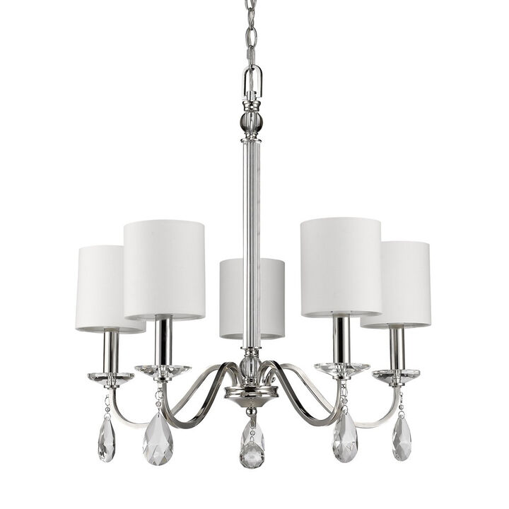 HomeRoots Silver Candle Style Five Light Metal and Crystals Dimmable Chandelier With White Shades