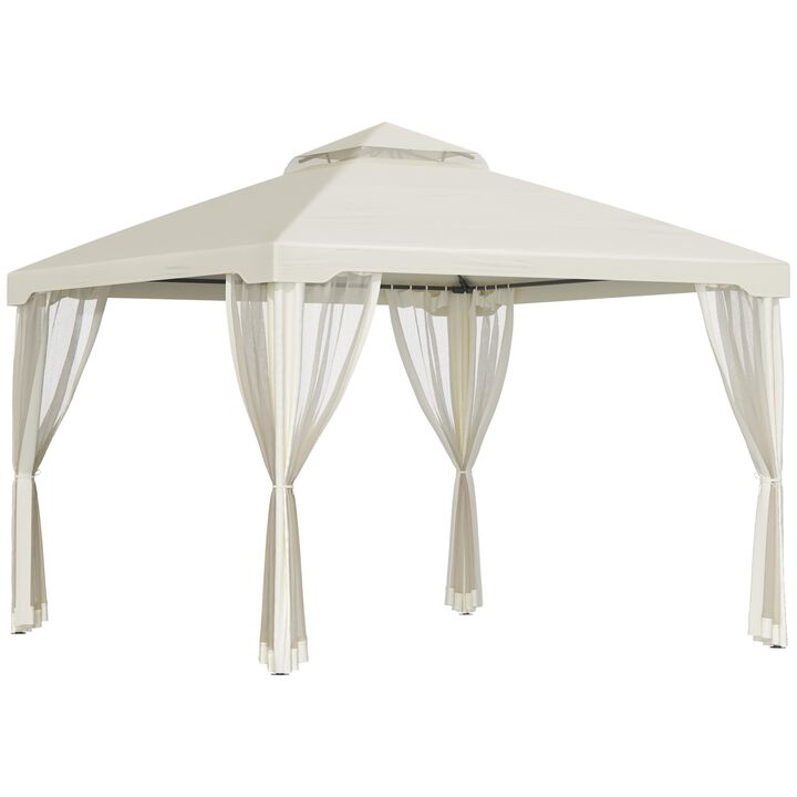 10' x 10' Patio Gazebo Outdoor Canopy Shelter with 2-Tier Roof and Netting, Steel Frame for Garden, Lawn, Backyard and Deck, Cream White