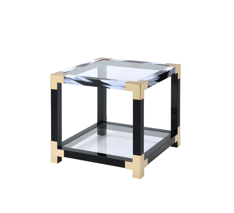 ACME Lafty End Table, White Brushed & Clear Glass