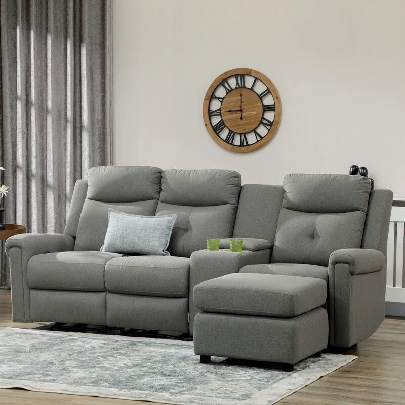 HOMCOM L-Shaped Sofa, Manual Reclining Sectional with Chaise Ottoman, Storage Console, Cup Holders, USB Charging, Gray