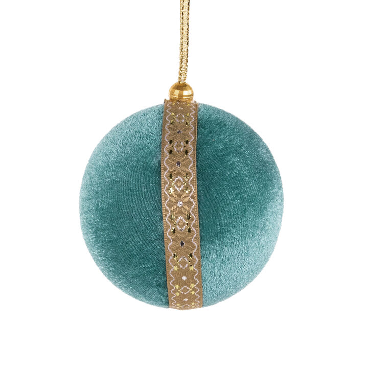 3.25" Teal Green and Gold Velour Round Ball Christmas Ornament