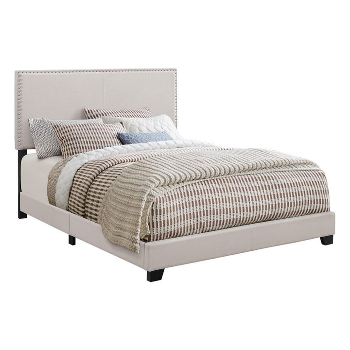 Fabric Upholstered Queen Size Platform Bed with Nail Head Trim, Ivory-Benzara
