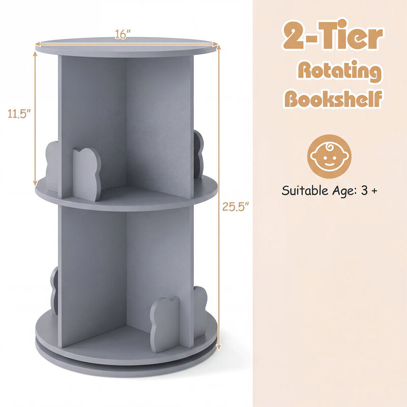 Kids 360&deg; Rotating Bookshelf 2-Tier Storage Rack with Bear Safety Baffles image number 2