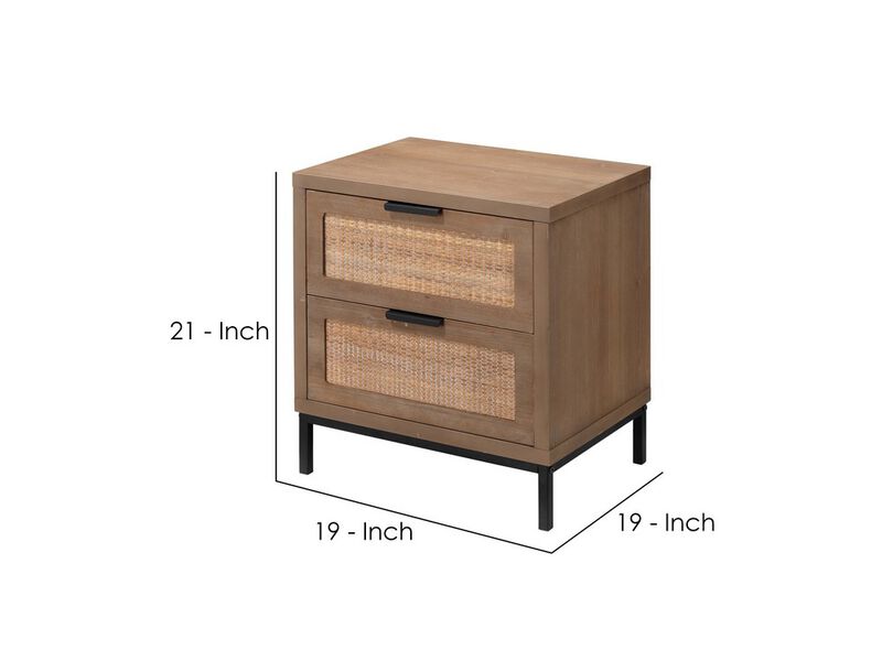 Side Table with MDF Frame and 2 Rattan Weaving Front Drawers, Brown - Benzara