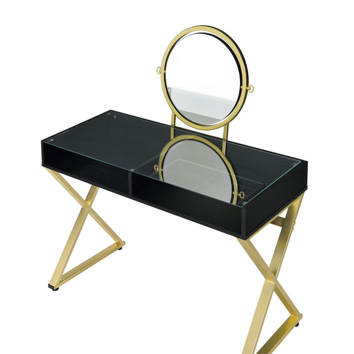 Coleen Vanity Desk w/Mirror & Jewelry Tray in Black & Gold Finish