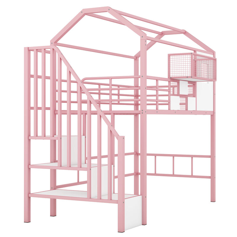 Whisen Metal Loft Bed with roof design and a storage box- Pink