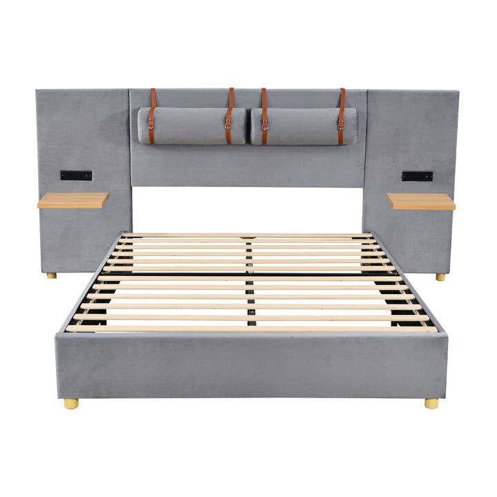 Merax Velvet Platform Bed  with Built-in Pillows