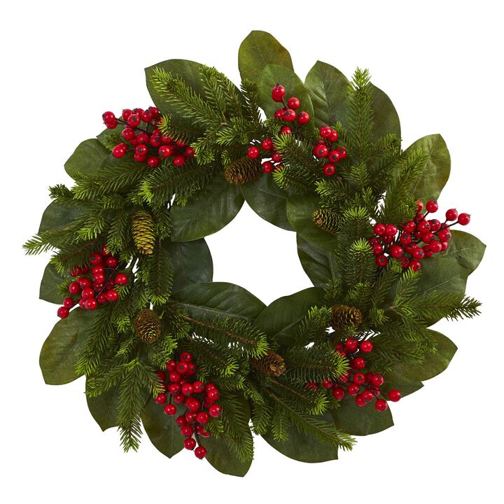 HomPlanti 24" Magnolia Leaf, Berry and Pine Artificial Wreath