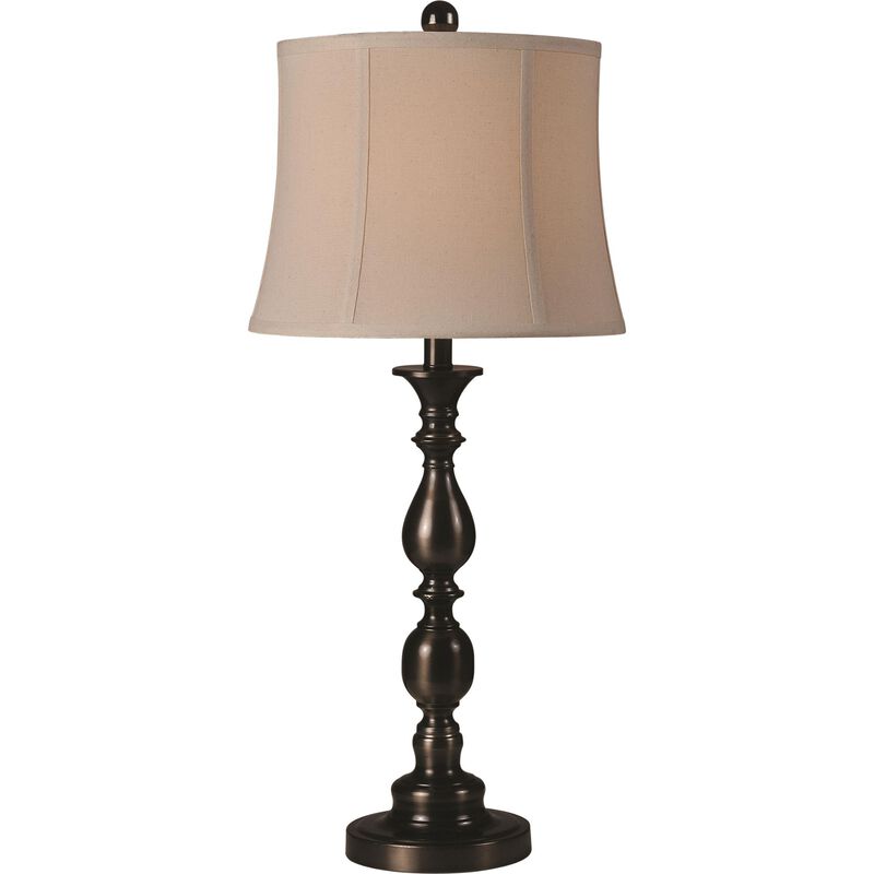 Set of 2 Bronze Finish Table Lamps with Beige Drum Shades 29"