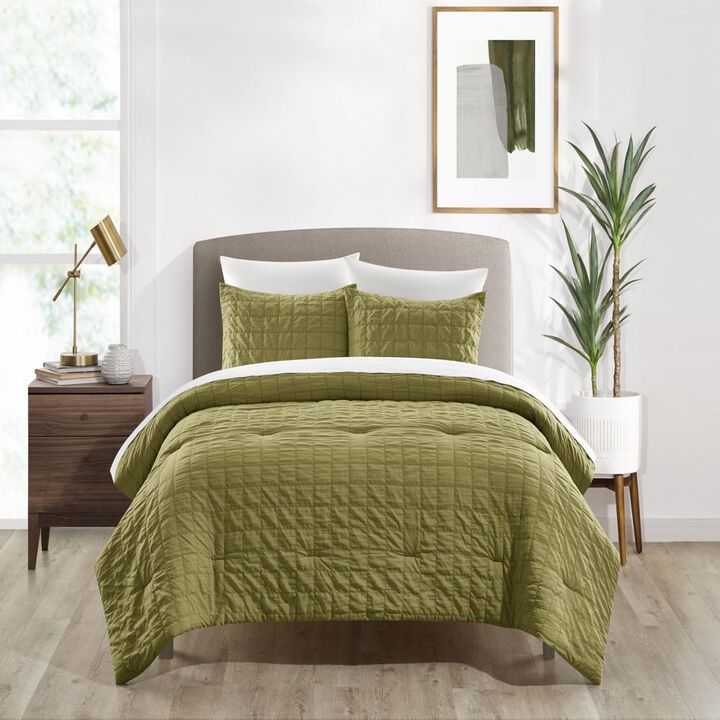 Chic Home Jessa Comforter Set Washed Garment Technique Geometric Square Tile Pattern Bed In A Bag Bedding - Sheets Pillowcases Pillow Shams Included - 7 Piece - King 104x92", Green