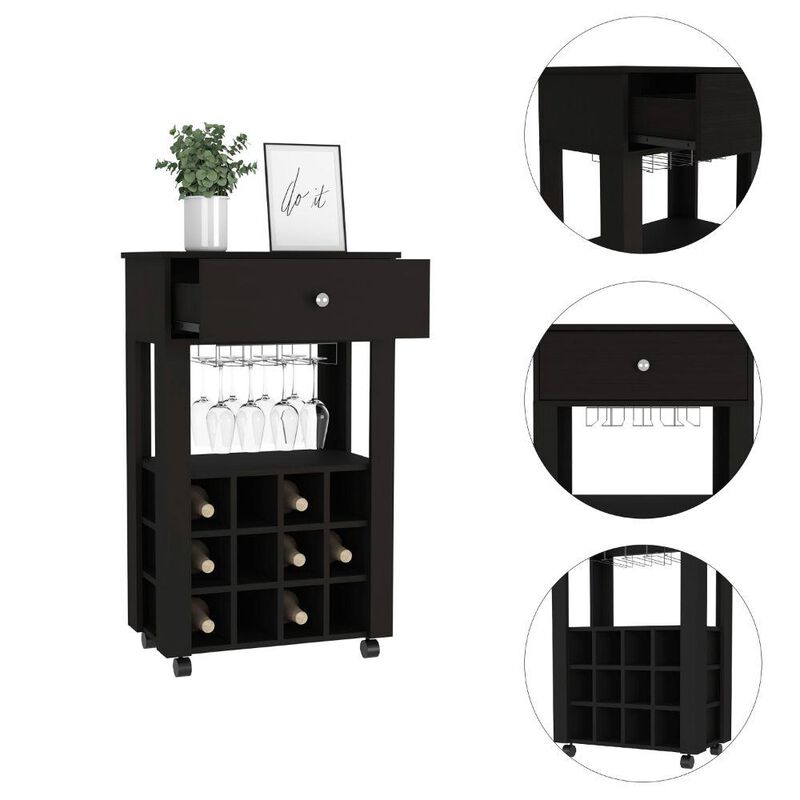 DEPOT E-SHOP Margh Bar Cart, Twelve Wine Cubbies, Four Legs, One Open Shelf, Countertop- Black, For Kitchen