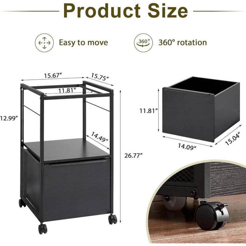 Hivvago Black Metal Wood Rolling File Cabinet with Open File Hanging Bar