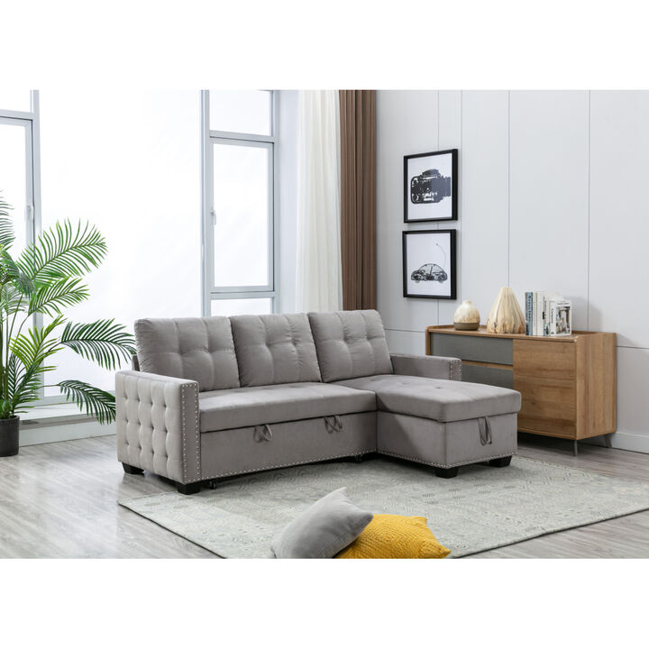 77 Inch Reversible Sectional Storage Sleeper Sofa Bed, L-Shaped 2 Seat Sectional Chaise With Storage, Skin-Feeling Velvet Fabric, Light Grey Color For Living Room Furniture