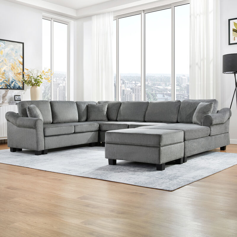 Merax U-shaped Sofa Chenille Upholstered Sofa Couch with Movable Storage Ottoman for Living Room