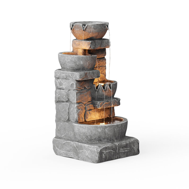 Cascading Bowls & Stacked Stones LED Outdoor Water Fountain image number 4