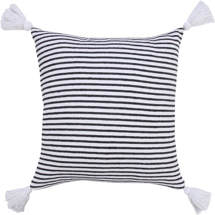 20" White and Black Striped Tassels Square Throw Pillow