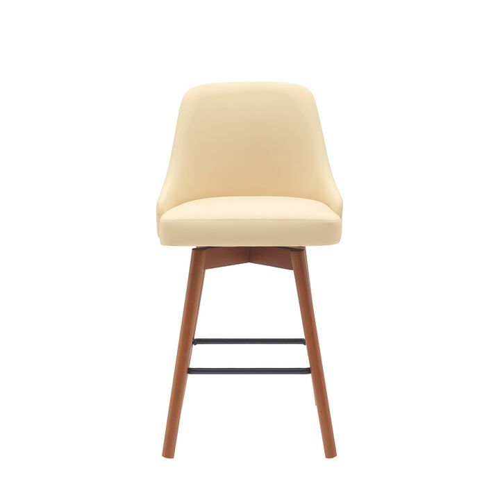Sean 26 Inch Counter Stool Chair, Swivel, Parson, Cream Faux Leather, Brown - Benzara