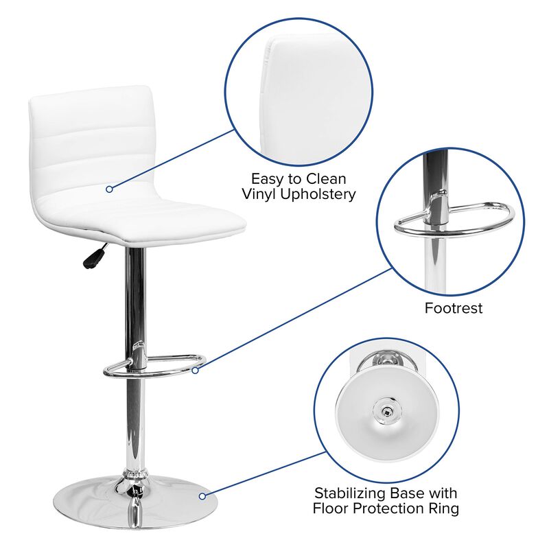 Flash Furniture Vincent Modern White Vinyl Adjustable Bar Stool with Back, Swivel Stool with Chrome Pedestal Base and Footrest
