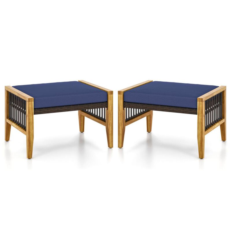 Hivvago Patio Acacia Wood Ottomans with Cushions and Versatile Rattan Woven Footstools