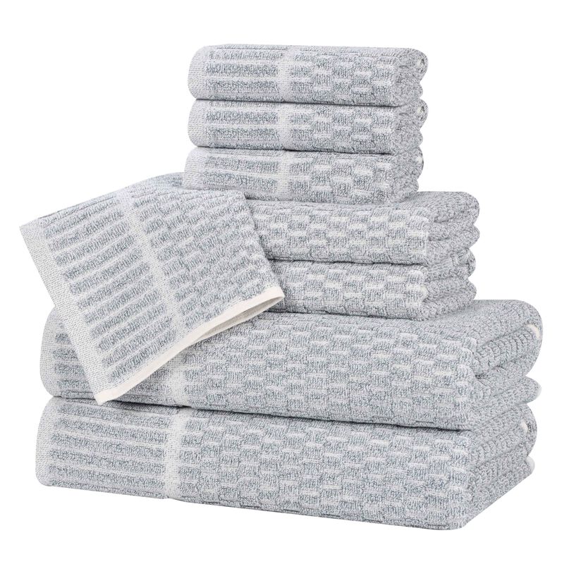 Cotton Blend Bathroom Towel Set with Checkered Pattern and Ribbed Border Design image number 0