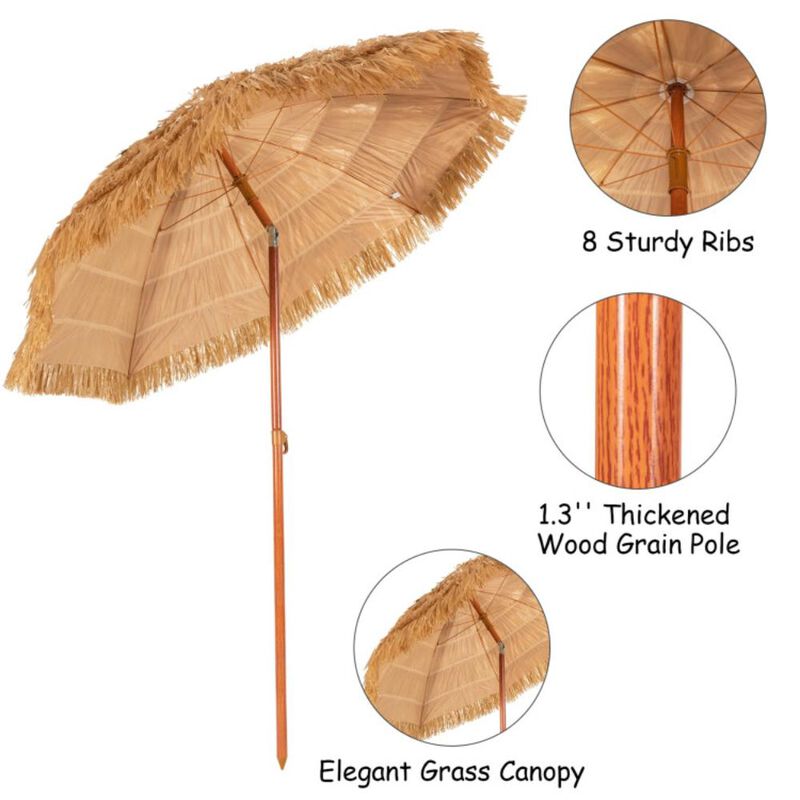 Hivvago 6.5 Feet Portable Thatched Tiki Beach Umbrella with Adjustable Tilt