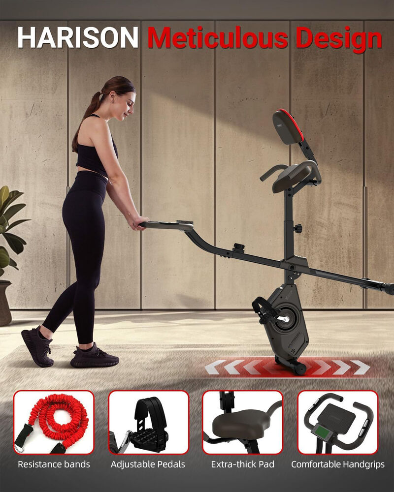 HARISON Foldable Exercise Bike with Arm Resistance Bands 350 LBS Capacity, 5 in 1 Magnetic Stationary Bikes for Home with 16-Level Resistance and Bluetooth (HR-X3L Brown) image number 4