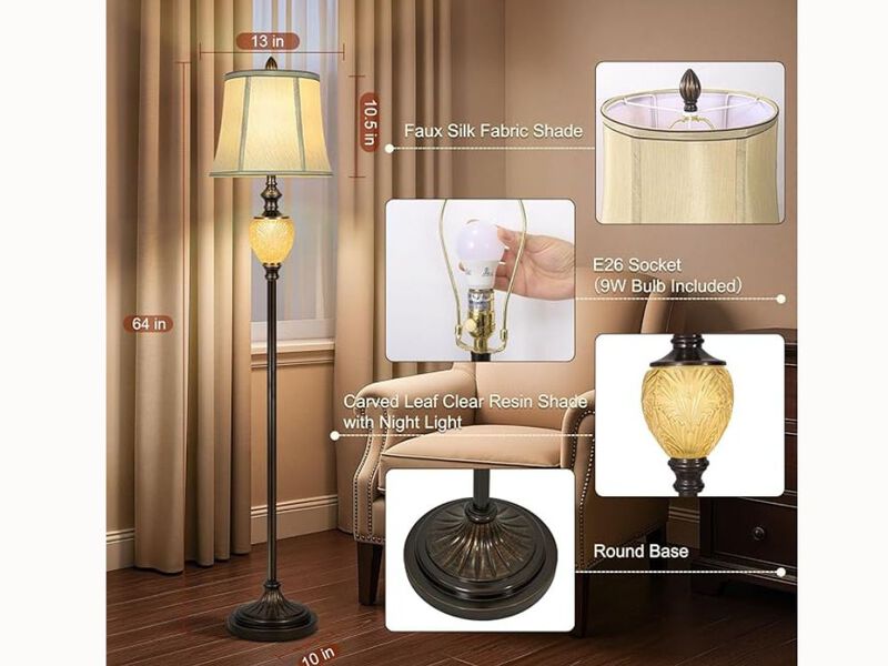 Vintage Floor Lamp &ndash; 64" Tall, Beige Faux Silk Shade, Nightlight, LED Included