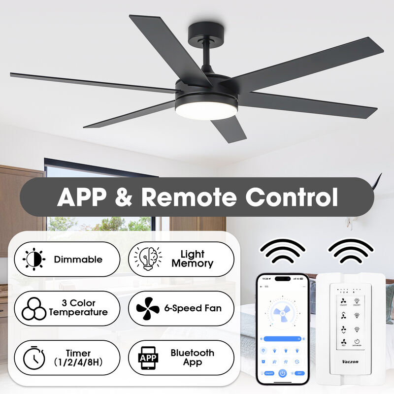 60" Modern Black 3CCT Integrated LED Smart Ceiling Fan with Light and APP