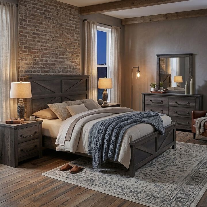 Bry 5pc Farmhouse Queen Complete Bedroom Set, Rustic Gray, 2 Nightstands