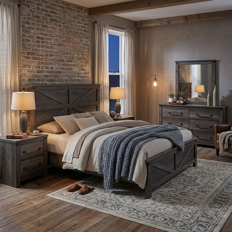 Bry 5pc Farmhouse Queen Complete Bedroom Set, Rustic Gray, 2 Nightstands image number 1