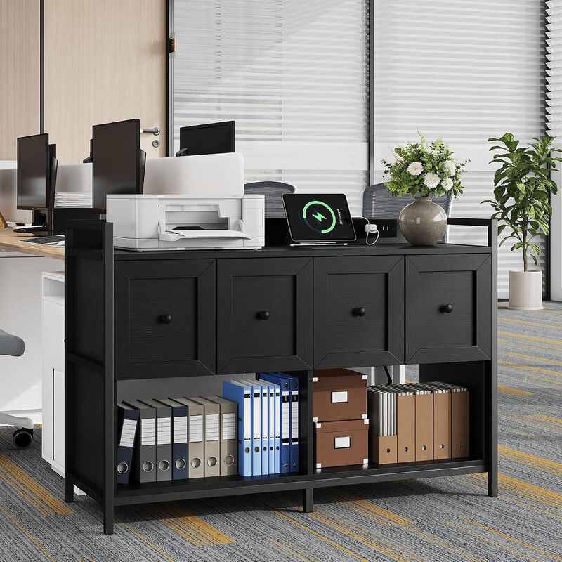 File Cabinet with Bookshelf Organizer, 43"W Wood File Cabinet with Power Outlet, 2 Drawers, 2 Open Storage Shelves, File Storage Fits Legal/A4 Size image number 8