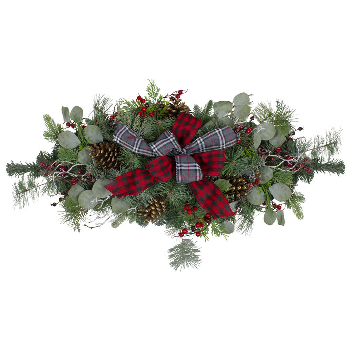 36" Dual Plaid Bows and Red Berries Artificial Christmas Swag - Unlit