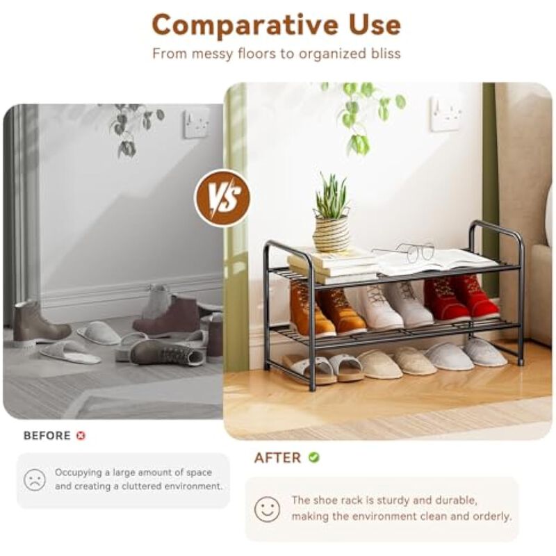 Entryway Metal Shoe Organizer 2 Tier Closet Storage Black Rack image number 3