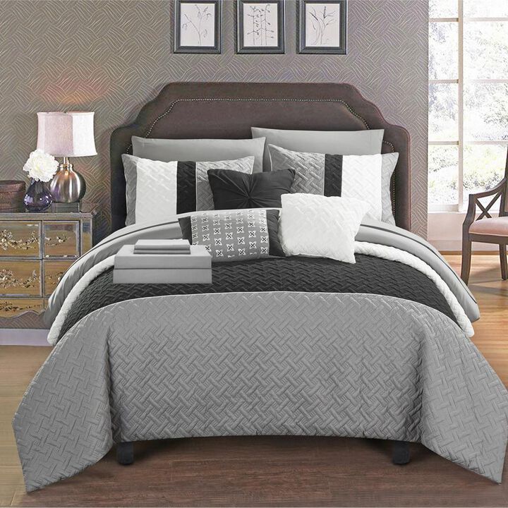 Chic Home Karras Quilted Embroidered Design Bed In A Bag Sheets 10 Pieces Comforter Decorative Pillows & Shams - Twin 66x90, Grey