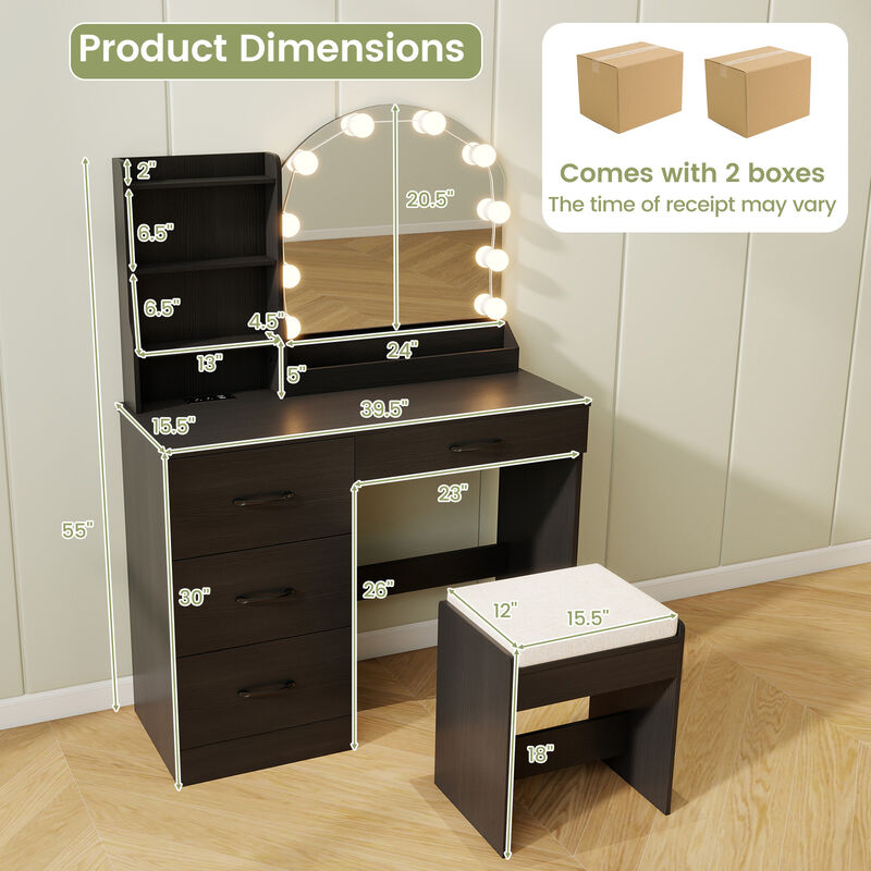 Makeup Vanity Desk Dressing Table and Stool Set with Mirror and Lights