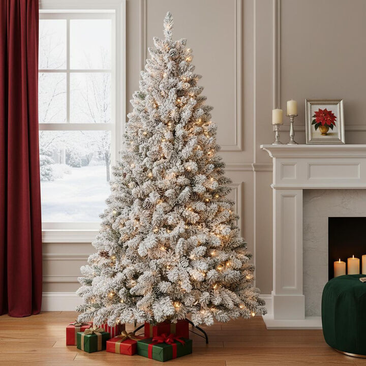 HomeRoots 6' Pre Lit Full Flocked Spruce Christmas Tree