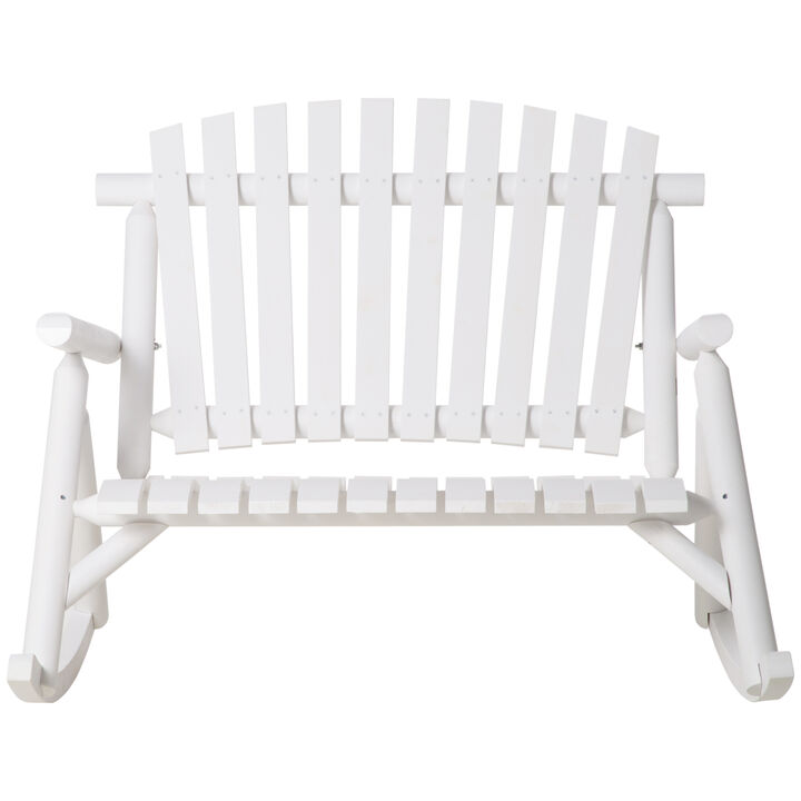 Outsunny Outdoor Wooden Rocking Chair, Double-person Rustic Adirondack Rocker with Slatted Seat, High Backrest, Armrests for Patio, Garden and Porch, White