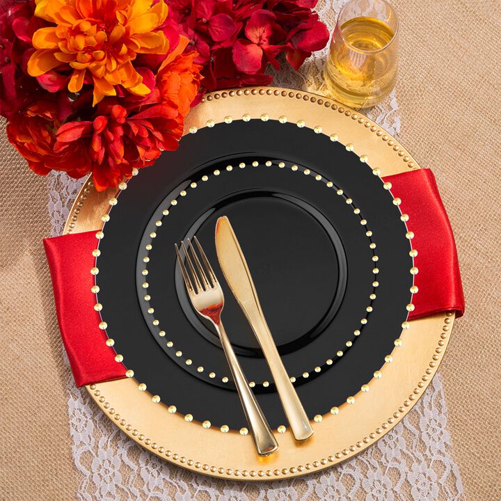 Black with Gold Pearl String Round Plastic Wedding Value Set (30 Sets)