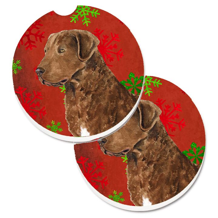 Caroline's Treasures Chesapeake Bay Retriever Red Snowflakes Holiday Christmas Set of 2 Cup Holder Car Coasters SS4738CARC, 2.56, Multicolor