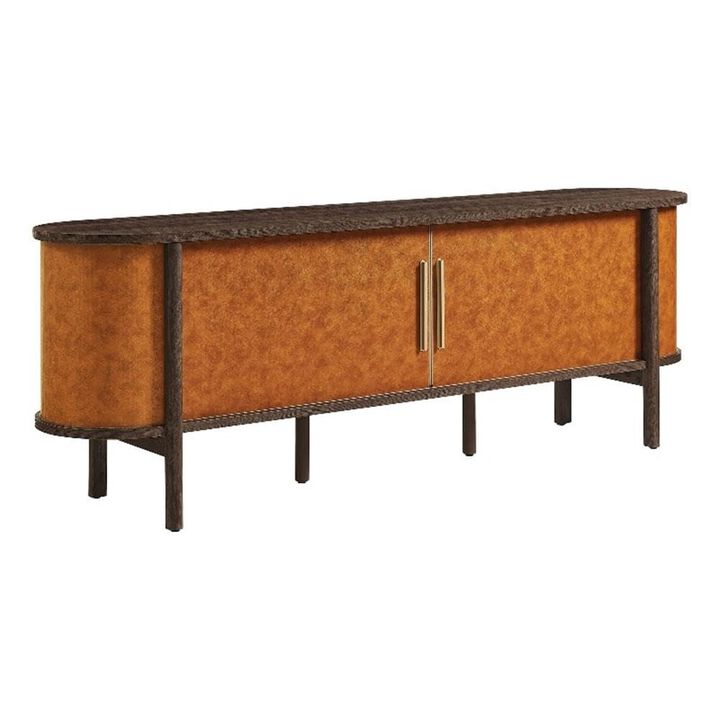 Modway Coralie 71 Inch Oval Leather TV Stand in Walnut Tan &ndash; Vintage Mid Century Modern Entertainment Center with Sliding Doors &ndash; Low-Profile Media Console