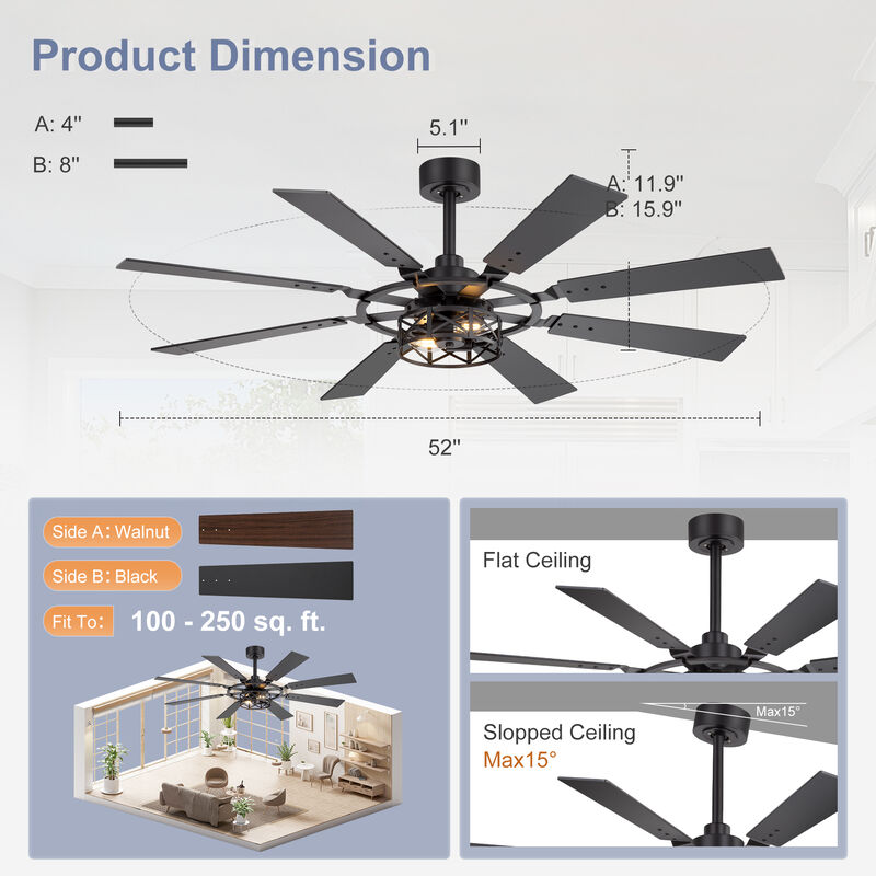 Breezary 52 in Traditional Ceiling Fan with Light,8 Blade Fan, E12 Dual Light Kit, Remote Control image number 4