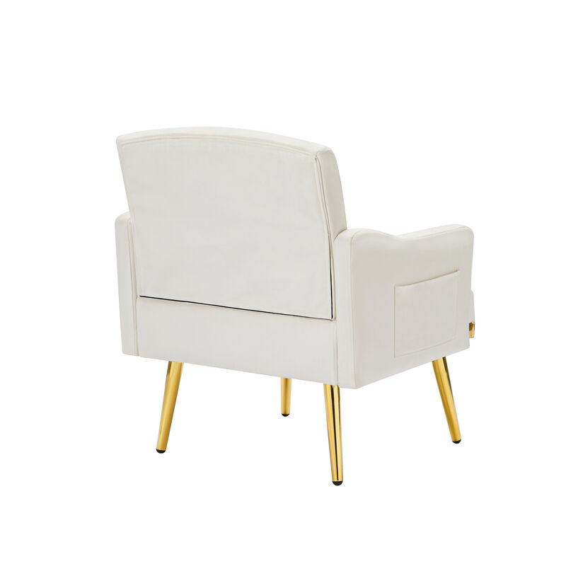 cream white velvet armchair with metal legs