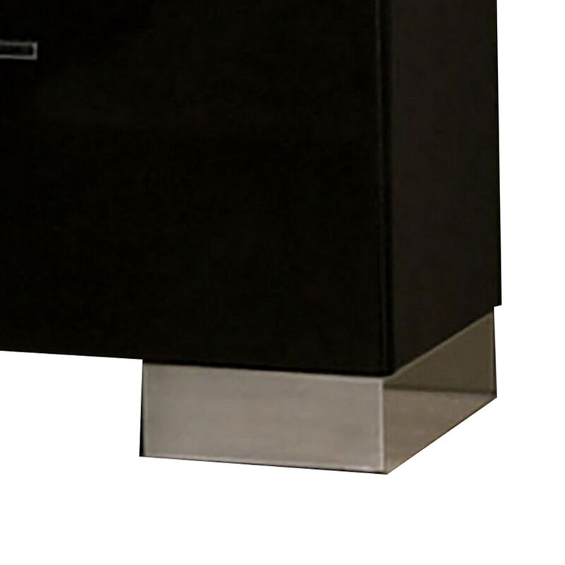 Two Drawer Nightstand with USB Charger and Bar Handle Pulls, Black-Benzara