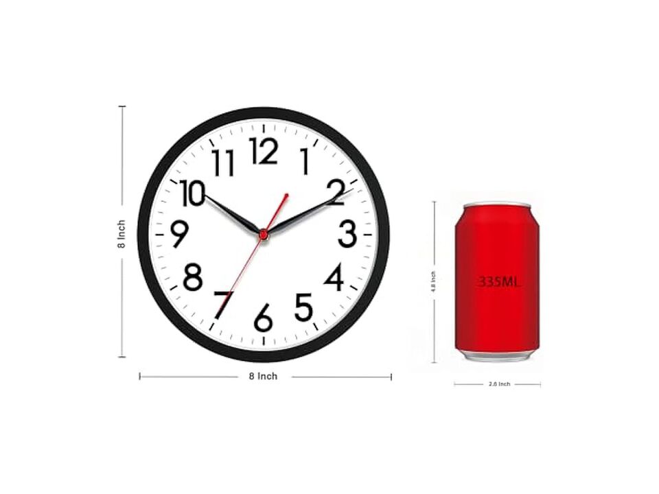 Classic Black Wall Clock 8 Inch Silent Non Ticking Modern Battery Operated