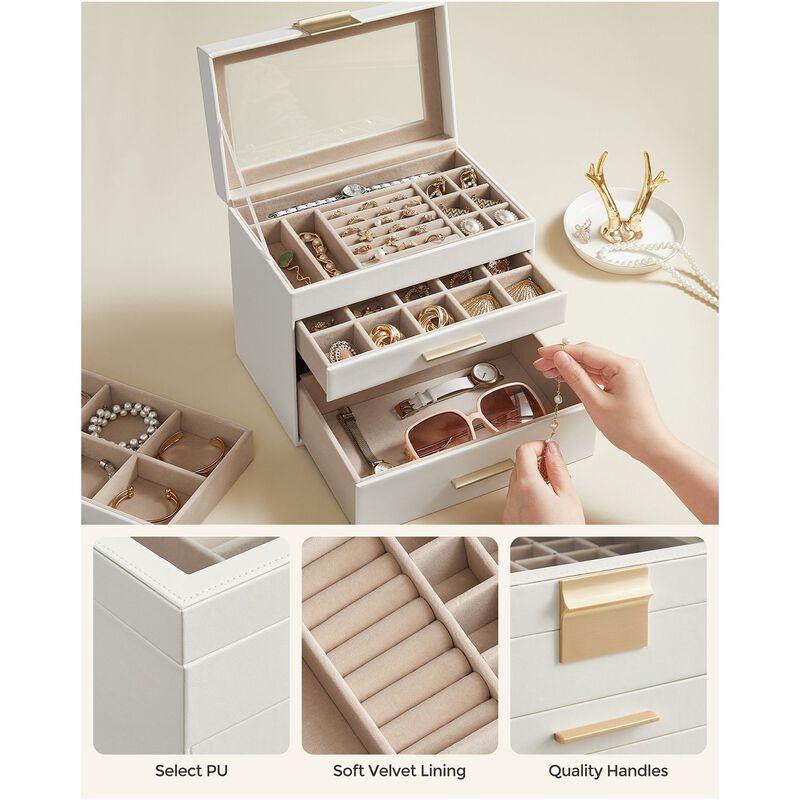 4-Layer Jewelry Box with Glass Lid and 3 Drawers - Modern Organizer for Sunglasses and Big Jewelry